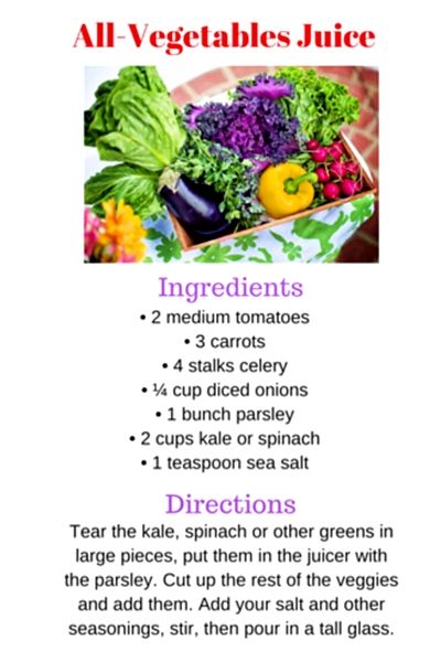 Juicing Recipe: All vegetables juice. Here is an easy vegetable juice that uses primarily garden vegetables, greens, and a few herbs and seasonings. It is a good base to help you start on your vegetable juice. #ilovejuicing